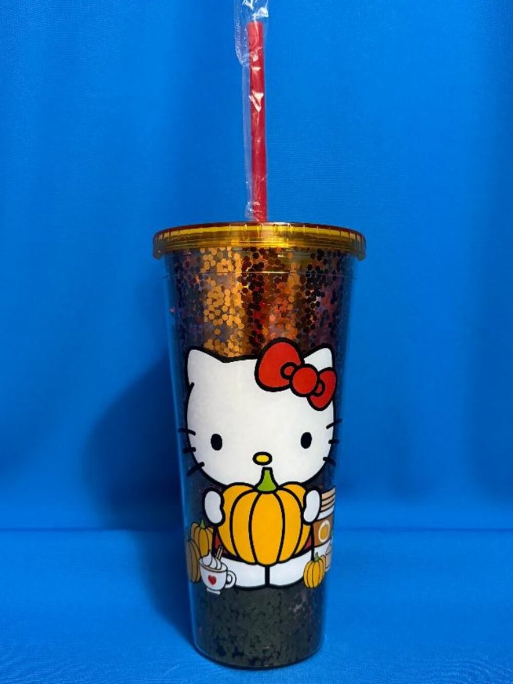 NEW HELLO KITTY PUMPKIN SPICE & PUMPKINS DOUBLE WALLED SEQUIN 32 OZ TUMBLER CUP